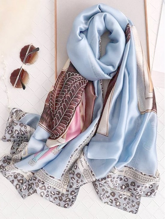 Premium Silk Feeling Blue Spring Print Scarf